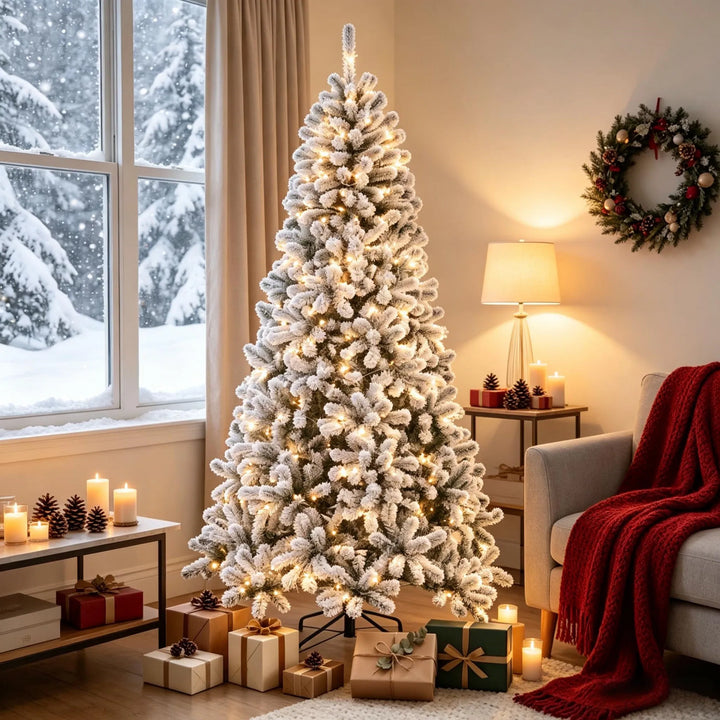 Besneeuwde Northern pine kerstboom met lichtjes