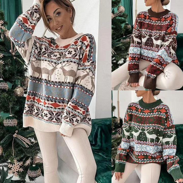 Dames gebreide trui met ronde hals en jacquard kerstmotief