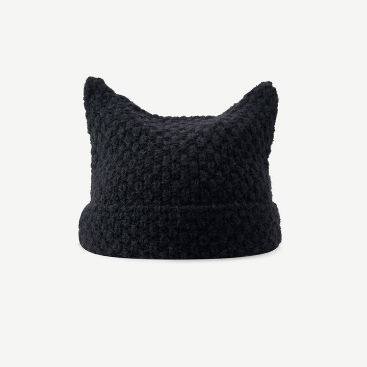 Gestreepte muts met kattenoortjes en pompons
