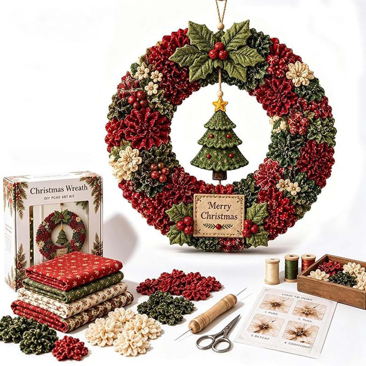 Stoffen kerstkrans met kerstman en cadeaudoos