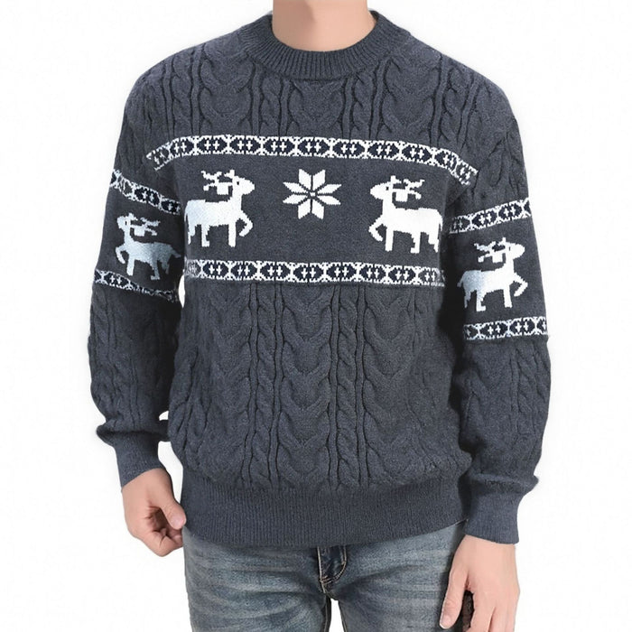Warmteparadijs Foute kersttrui heren met rendieren, gebreid jacquard met ronde hals