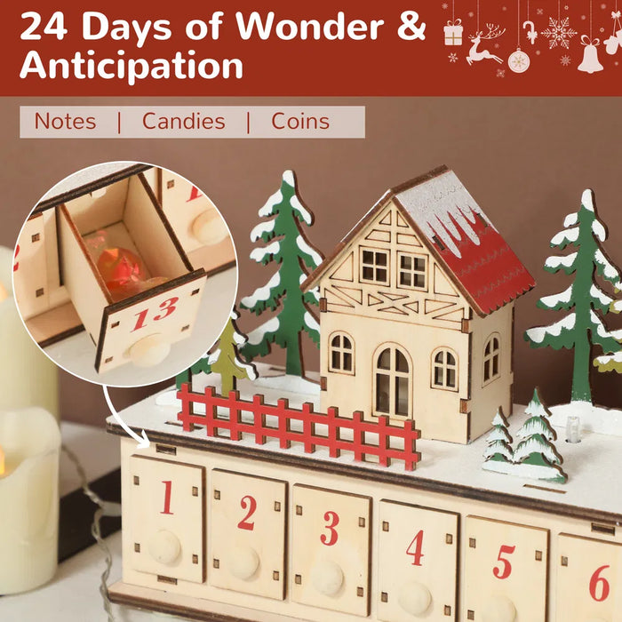 Warmteparadijs Lange houten adventskalender kerstdorp met 15 lampjes