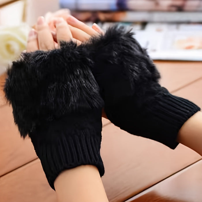 Warmteparadijs Vingerloze gebreide handschoenen met pluizige bontrand