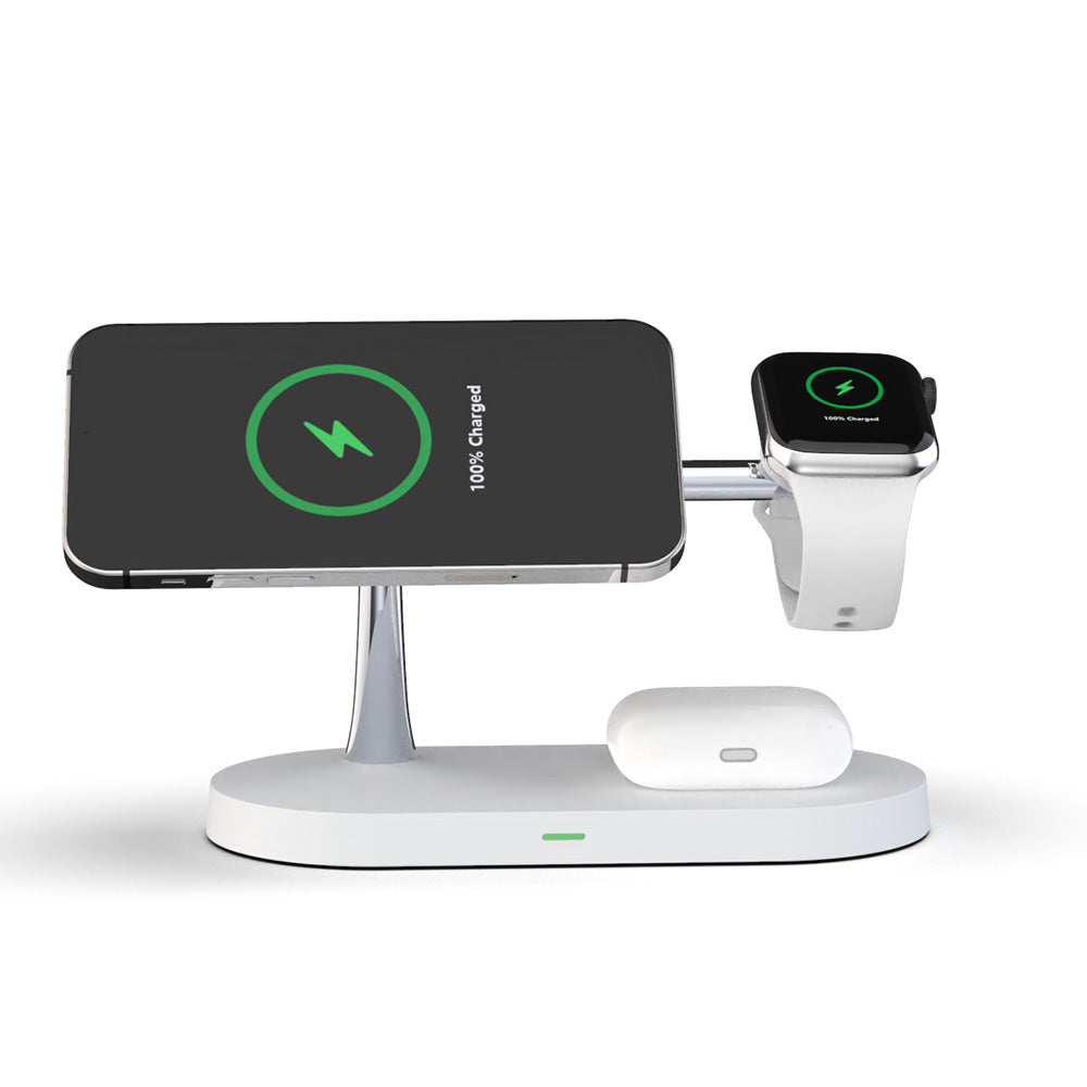 Zwart magnetisch oplaadstation met telefoon en horloge