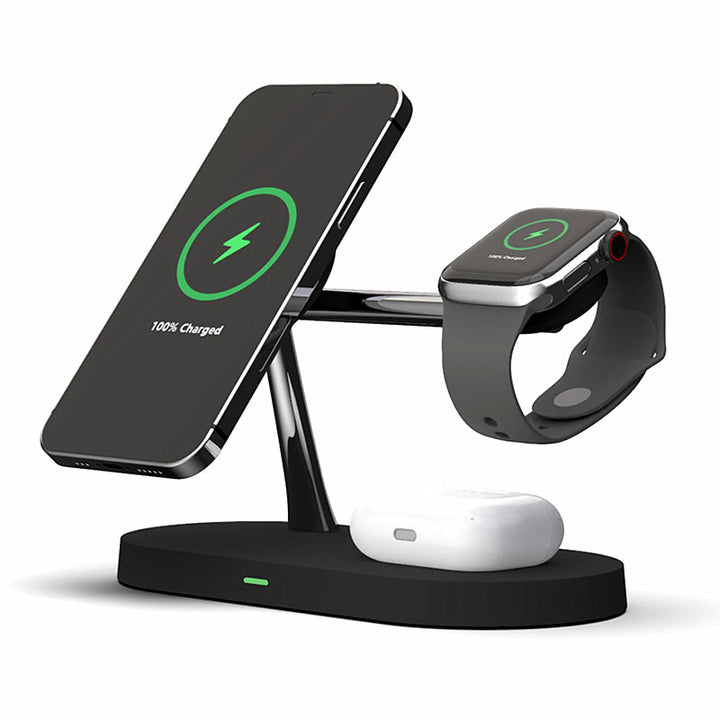 Zwart magnetisch oplaadstation met telefoon en horloge