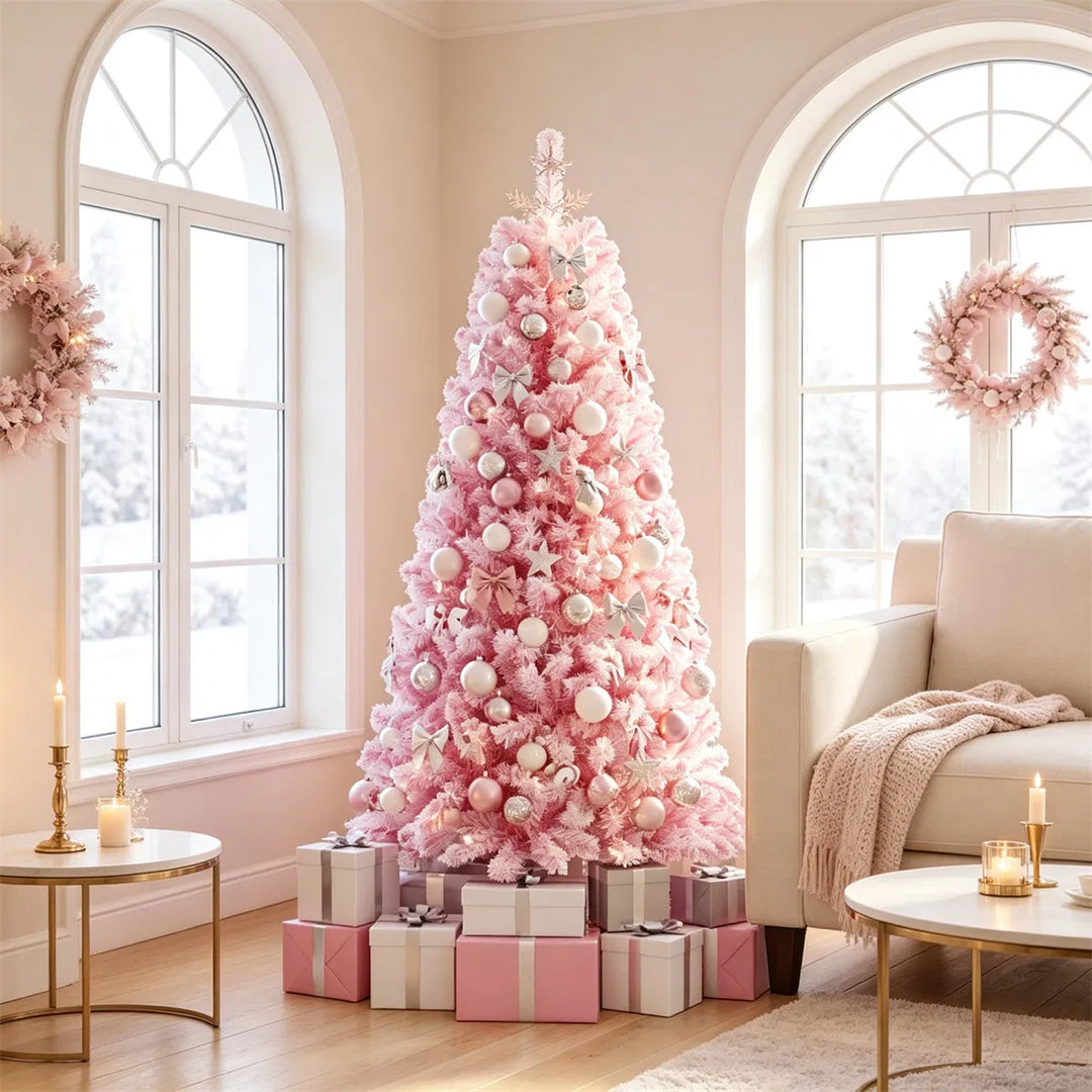 Kleine roze besneeuwde kerstboom met lichtjes