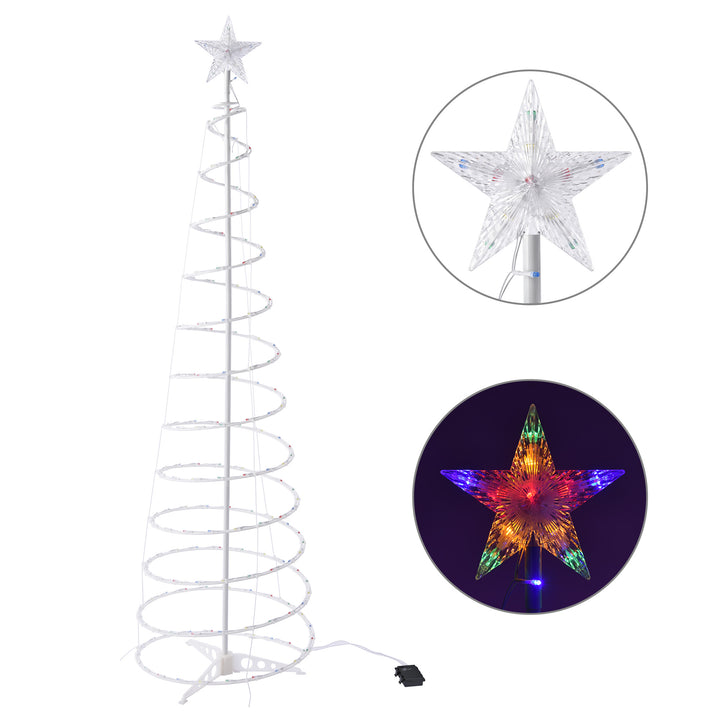 Verlichte led spiraalkerstboom met ster in de tuin