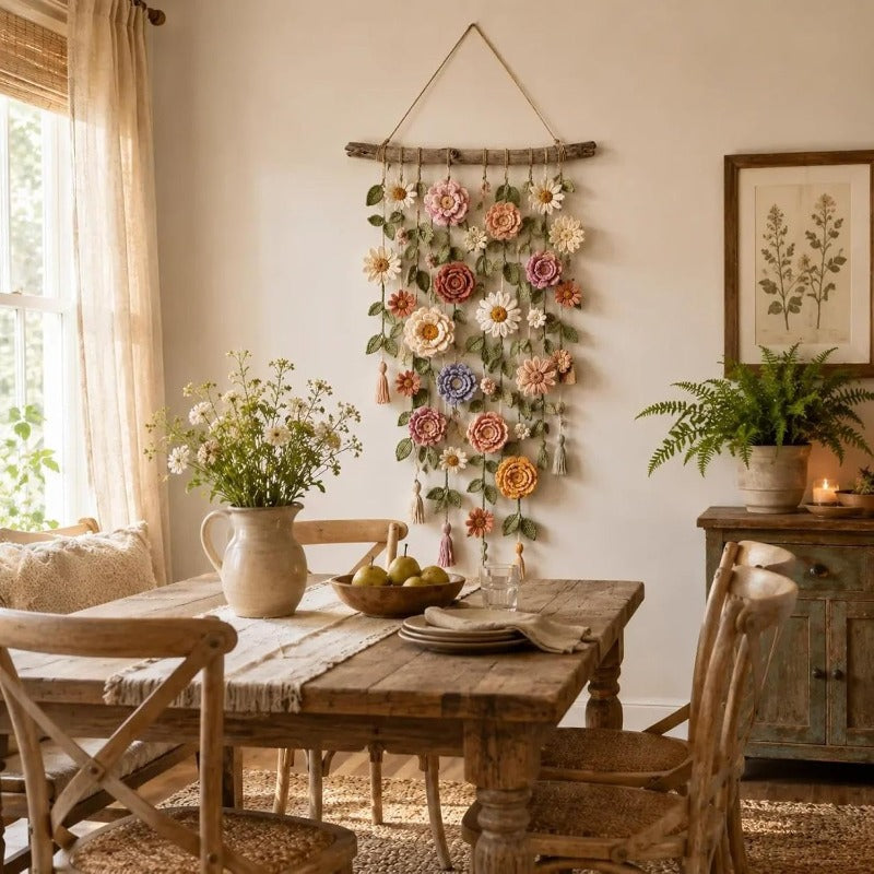 Boho wandhanger met kleurrijke stoffen bloemen
