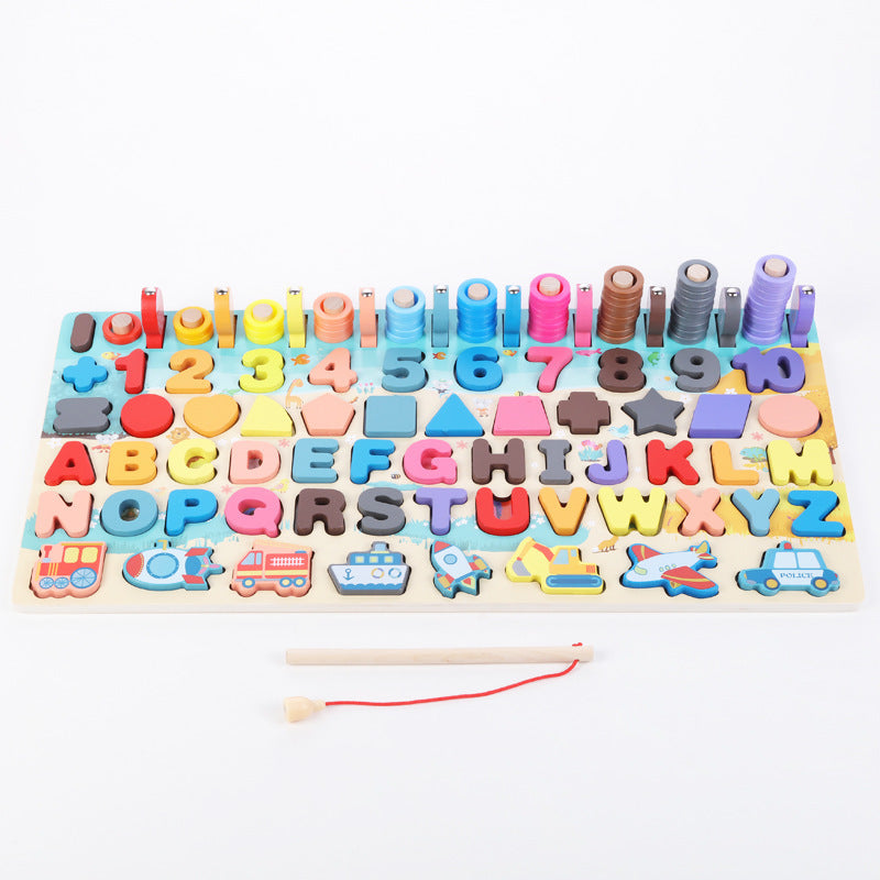 Houten montessori bord met cijfers en hengel