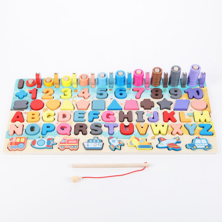 Houten montessori bord met cijfers en hengel