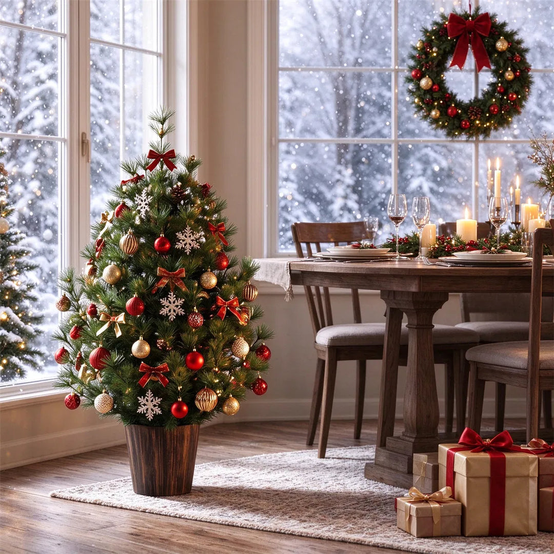 Klein kerstboompje in gouden vintage pot