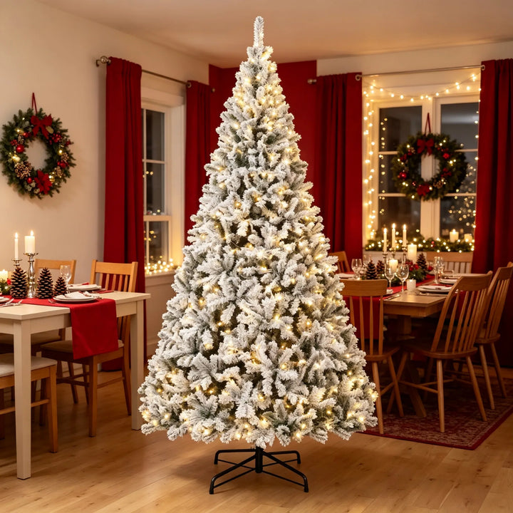 Zeer grote besneeuwde spar met lichtjes