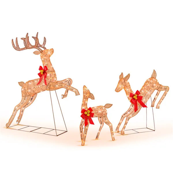 Warmteparadijs Set van 3 verlichte glitterrendieren met strik en belletjes