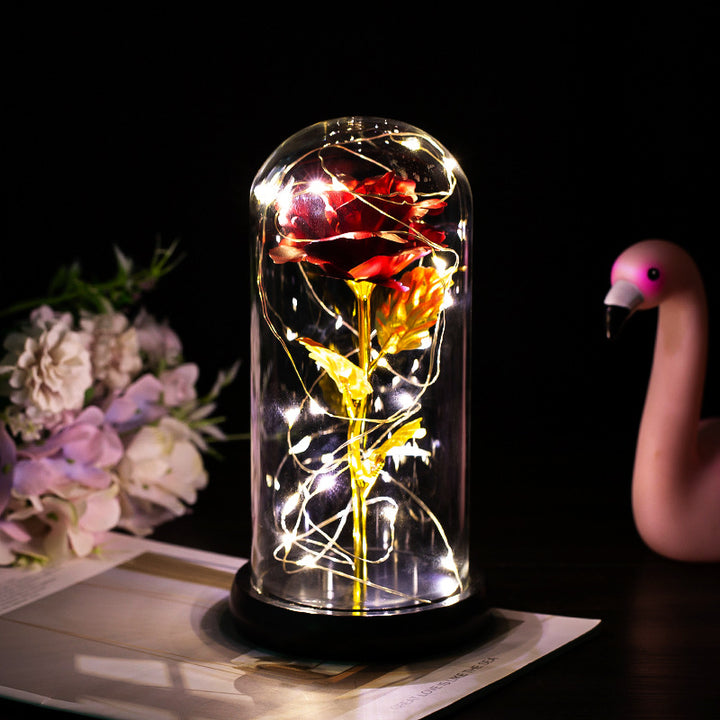 Roos onder glazen stolp met ledlicht, romantisch cadeau