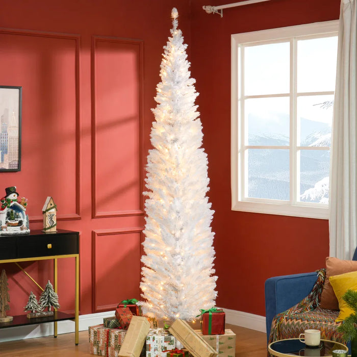 Warmteparadijs Witte smalle kerstboom 240 cm met 300 warmwitte leds