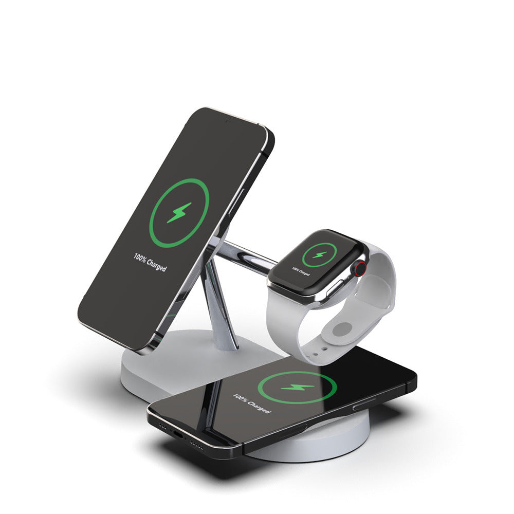 Zwart magnetisch oplaadstation met telefoon en horloge