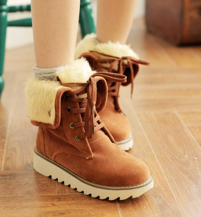 Snowboots met veters en bontlook, platte zool, warm gevoerd