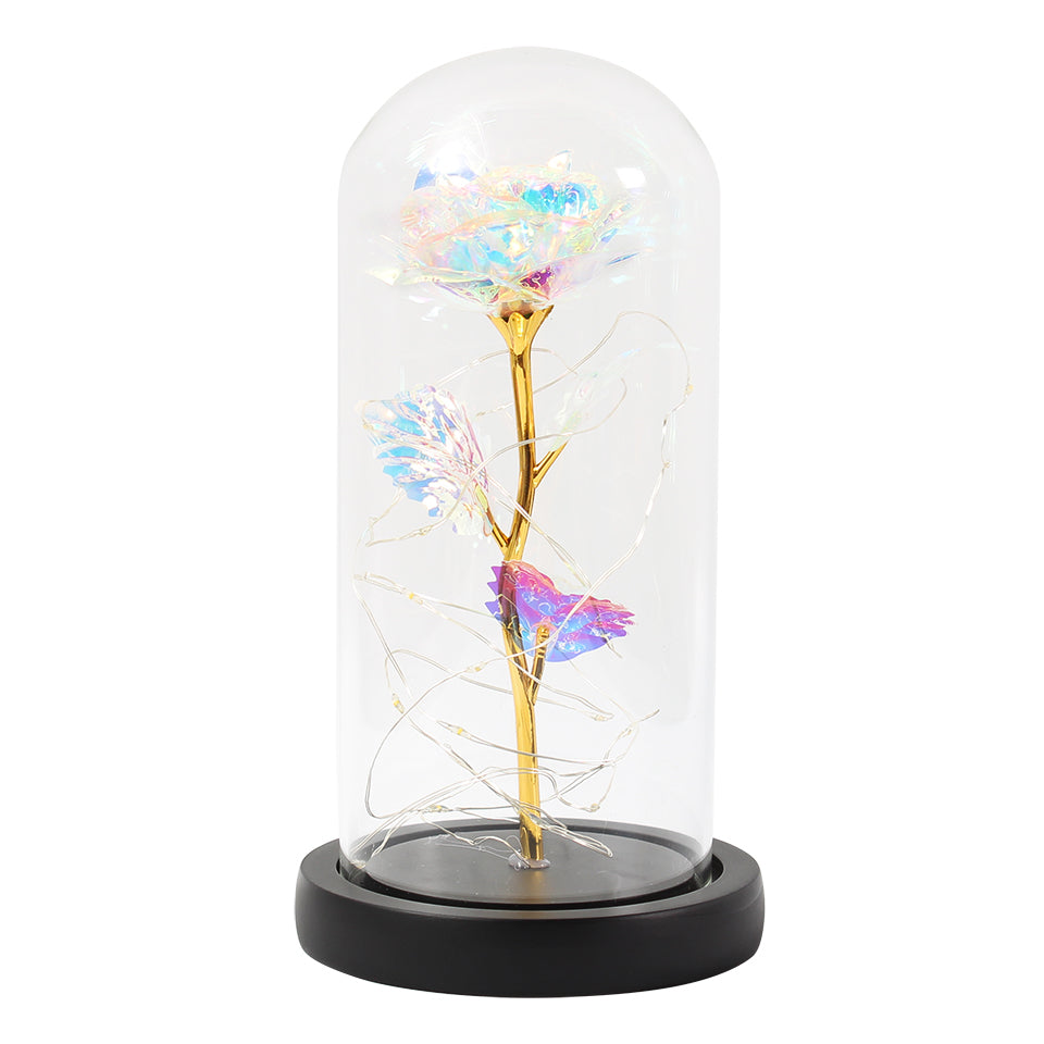 Roos onder glazen stolp met ledlicht, romantisch cadeau