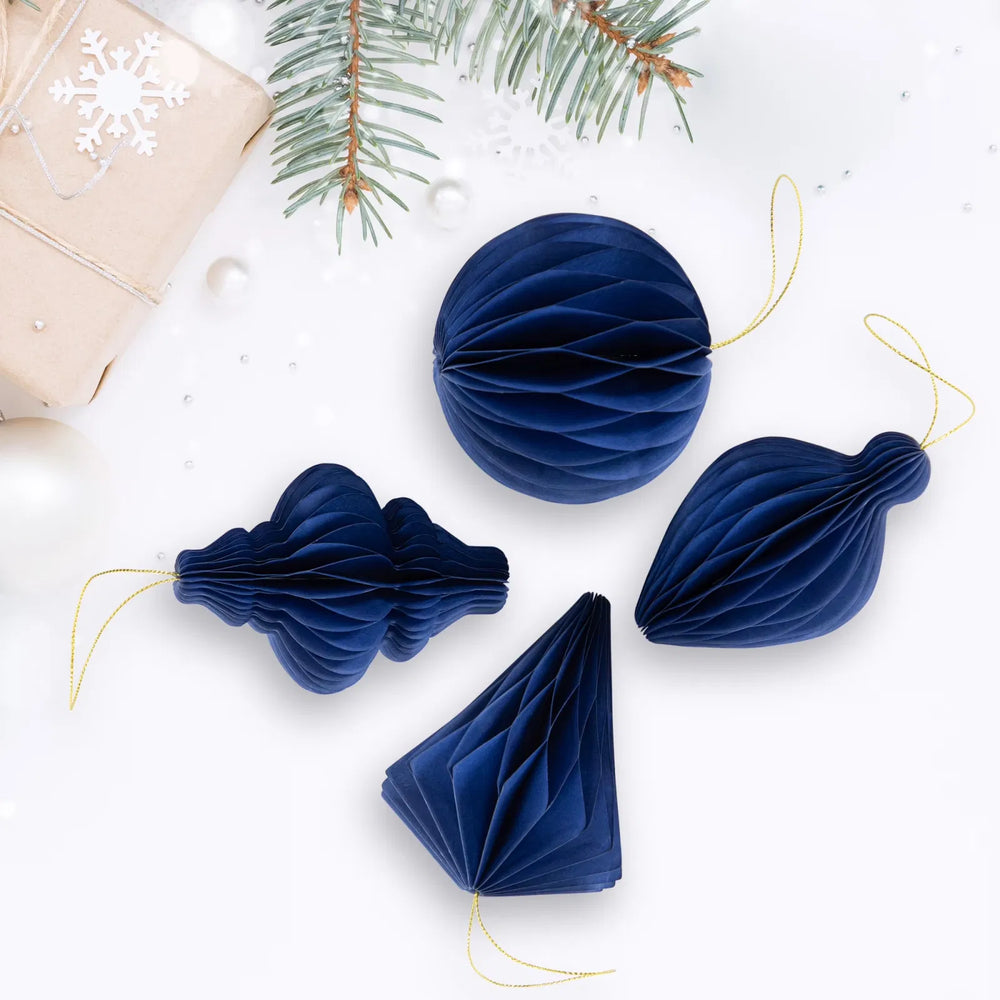 Navyblauwe papieren honingraat-kersthangers