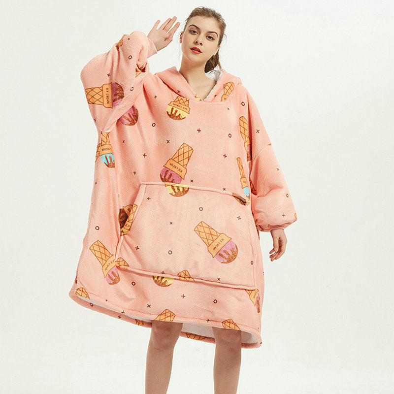 Hoodie deken met vrolijke print, zacht flanel en oversized