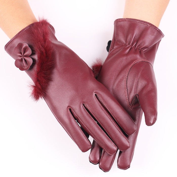Warmteparadijs Handschoenen van imitatieleer met pluizige rand en strik