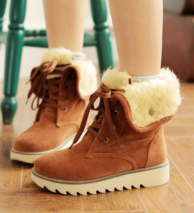 Snowboots met veters en bontlook, platte zool, warm gevoerd