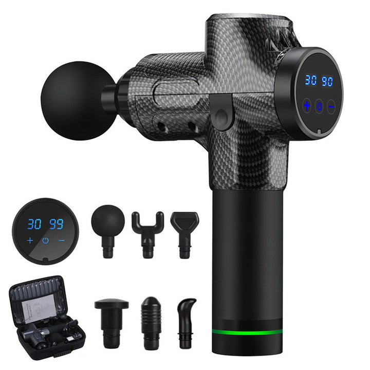 Zwarte massage gun met opzetstukken en koffer