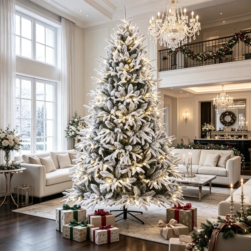 Extra volle besneeuwde kerstboom met lichtjes
