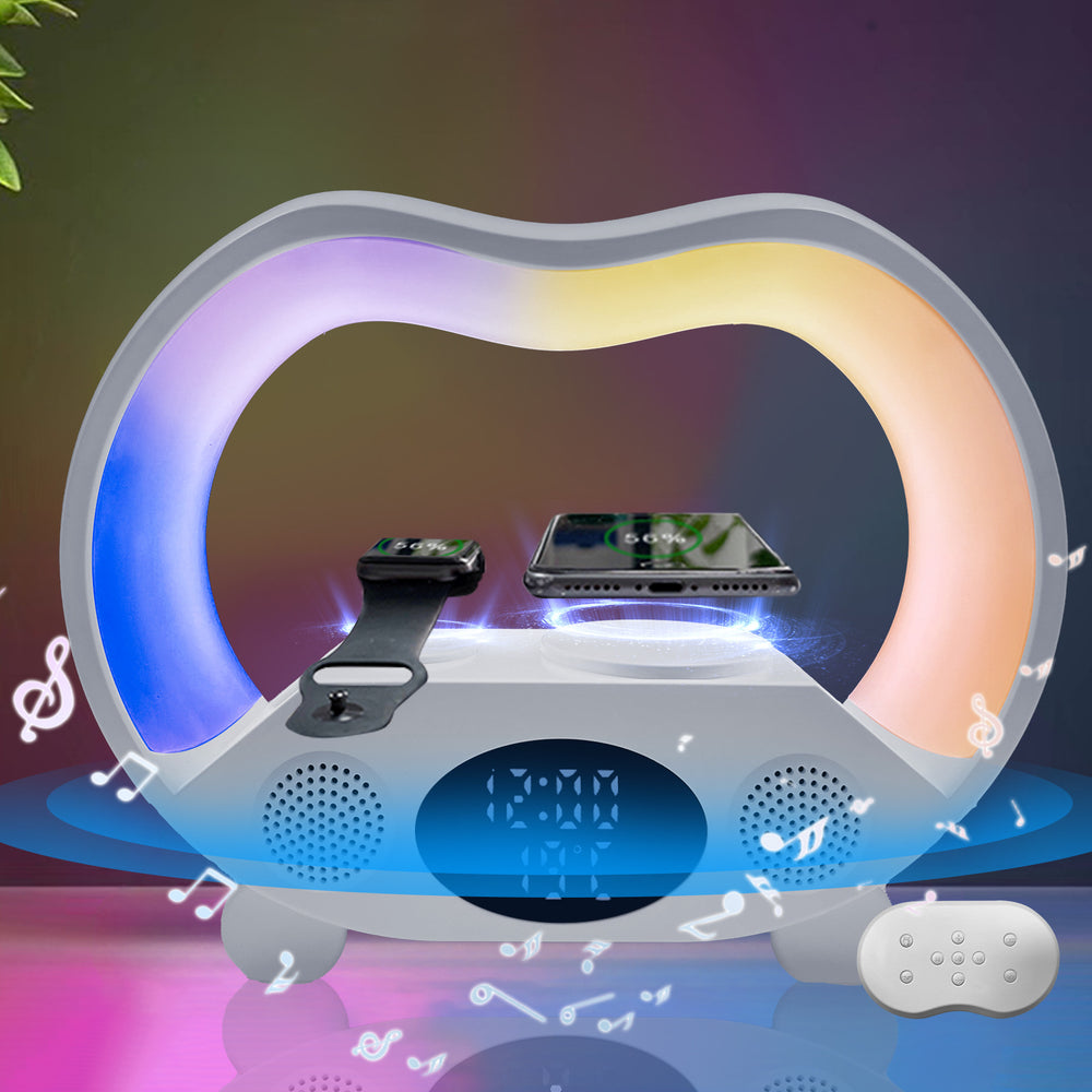Zwarte 6-in-1 sfeerlamp met telefoon op oplader