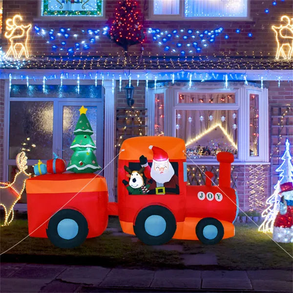 Opblaasbare kersttrein met kerstman en rendier