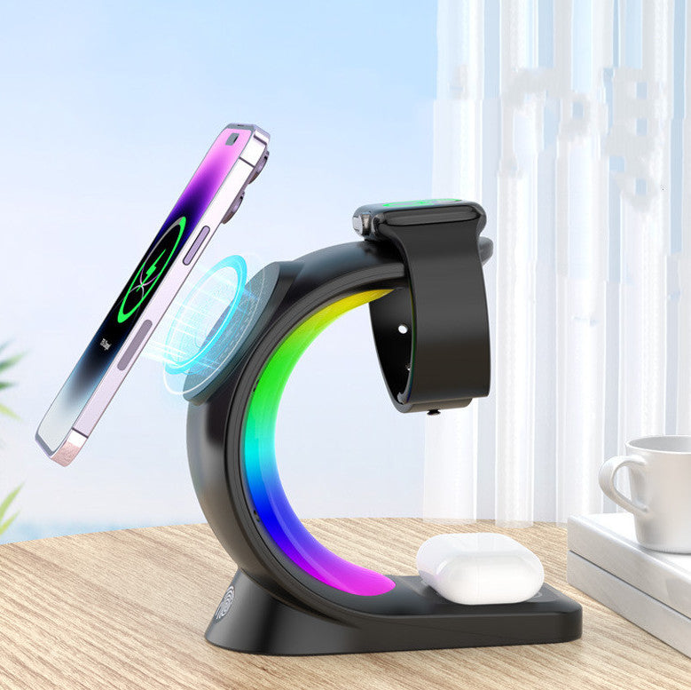 Zwart oplaadstation met RGB-licht en telefoon