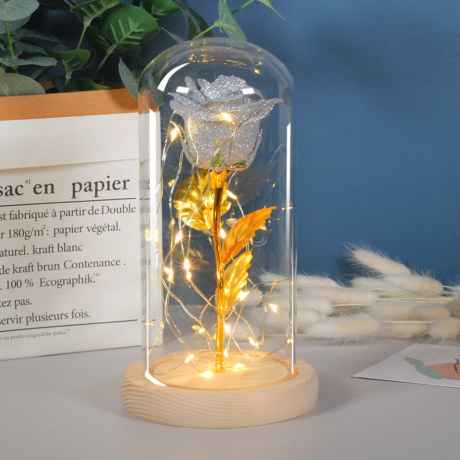 Rode eeuwige roos in glazen stolp met lichtjes