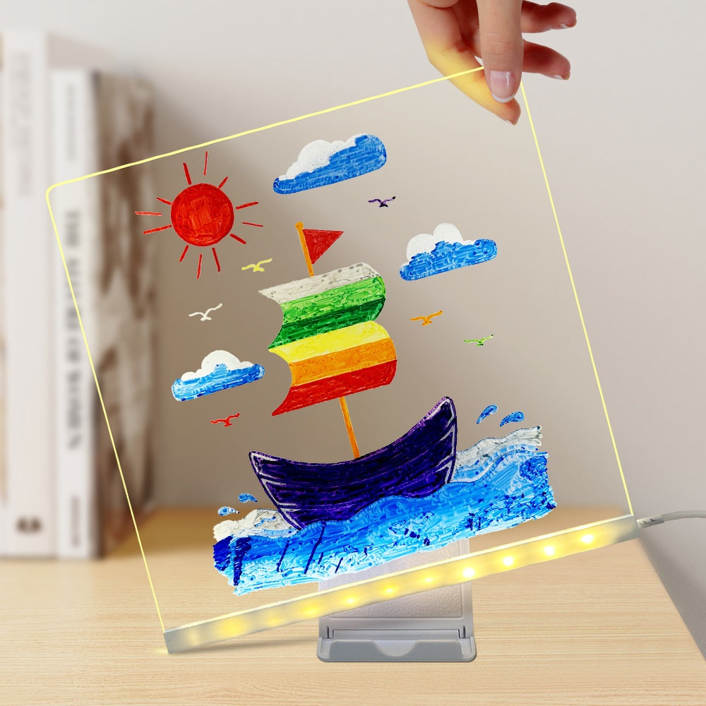 Verlicht acryl tekenbord met tekening op ledvoet