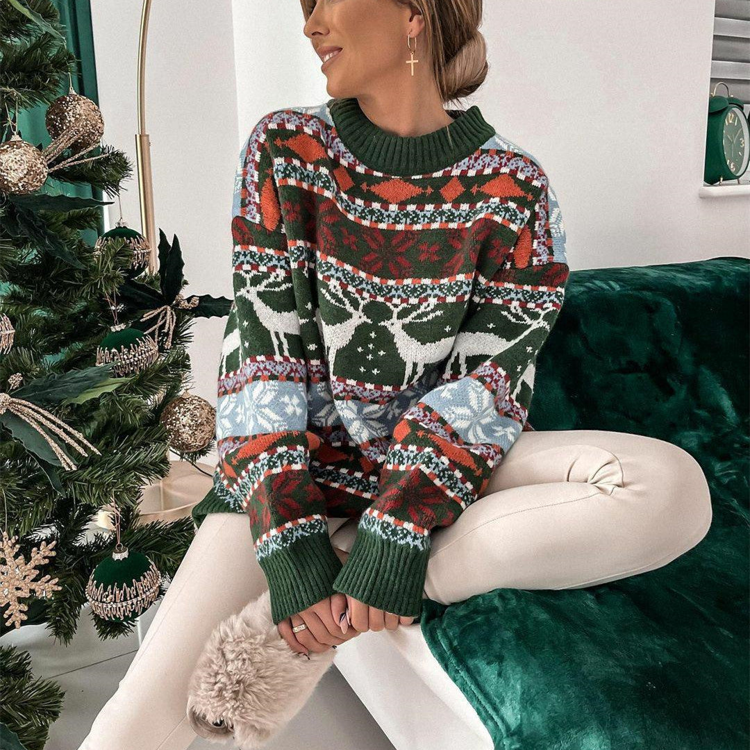 Dames gebreide trui met ronde hals en jacquard kerstmotief