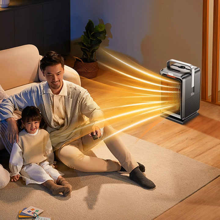 Keramische ventilatorkachel op een bureau