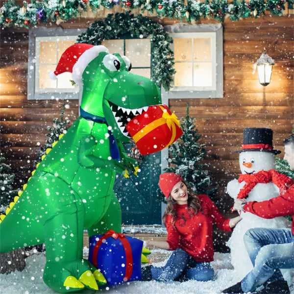Opblaasbare T-rex met kerstmuts en cadeaus