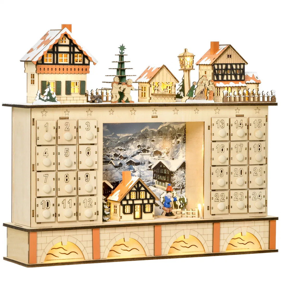 Houten verlichte adventskalender kerstdorp