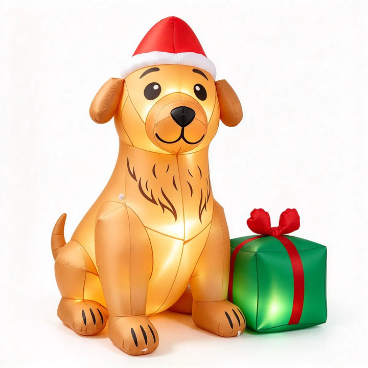 Opblaasbare hond met kerstmuts en cadeau