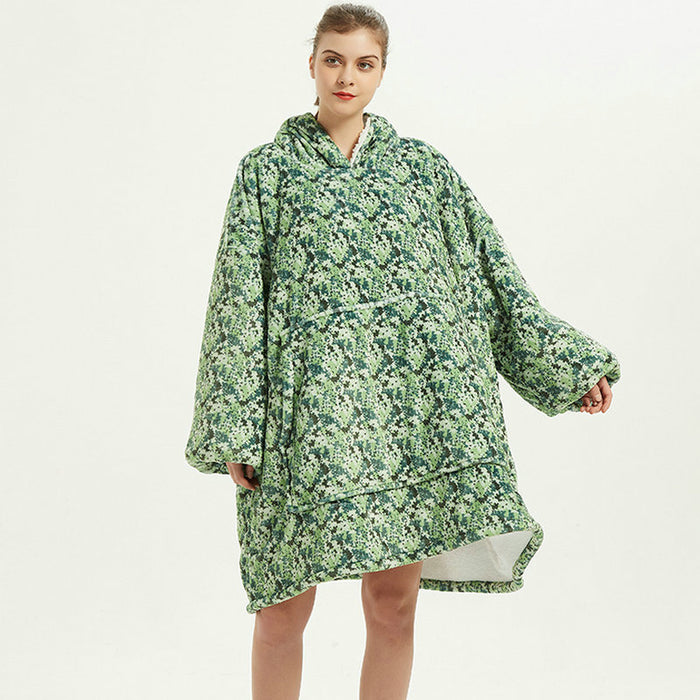 Warmteparadijs Draagbare deken hoodie met vrolijke print, dubbellaags flanel