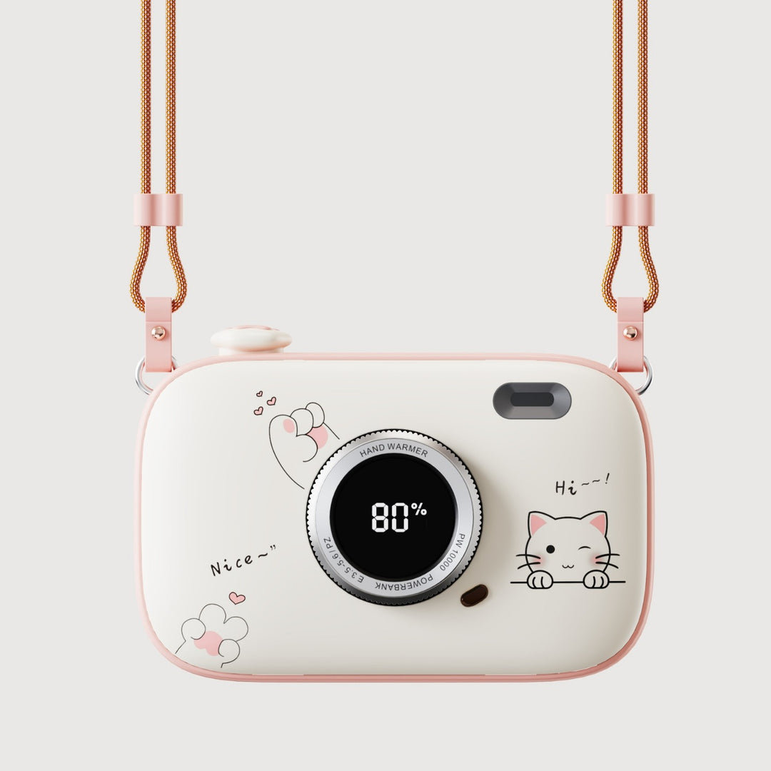 Roze handwarmer in cameravorm aan koord