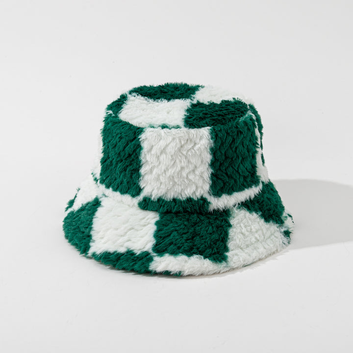 Pluizige bucket hat met dambordpatroon