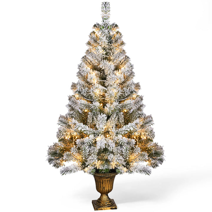 Kleine besneeuwde kerstboom in pot
