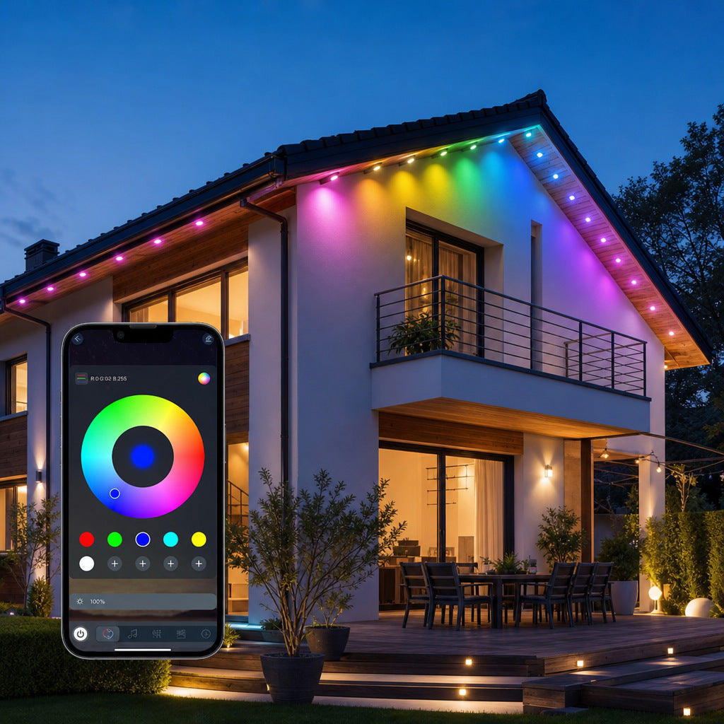 Huis met gekleurde gevelverlichting langs dakgoot