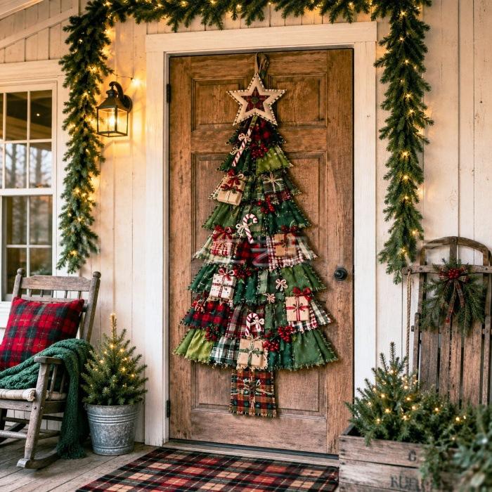 Warmteparadijs Grote kerstboom deurhanger met patchworkprint