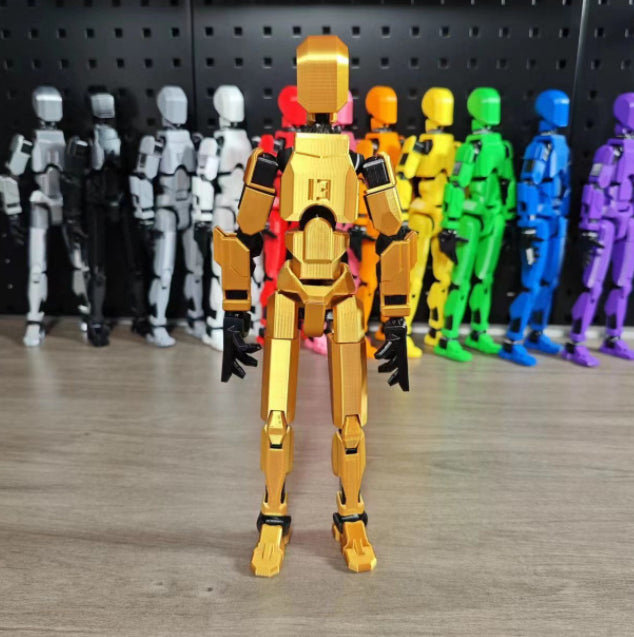 Oranje 3D-geprinte robotfiguur in actiehouding