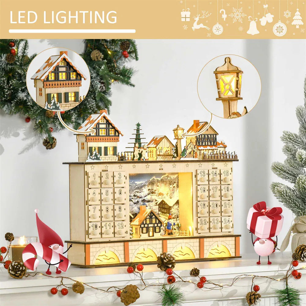 Houten verlichte adventskalender kerstdorp