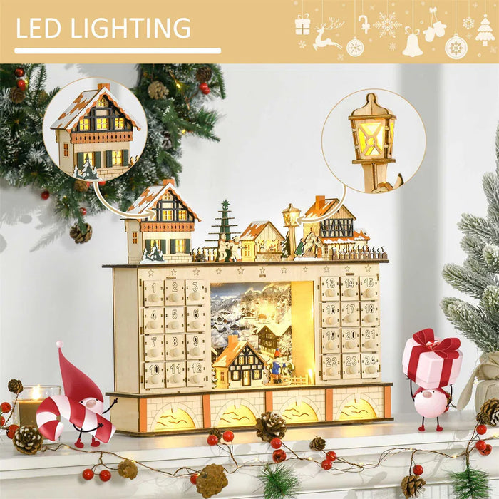 Warmteparadijs Houten adventskalender kerstdorp met leds en 24 laatjes