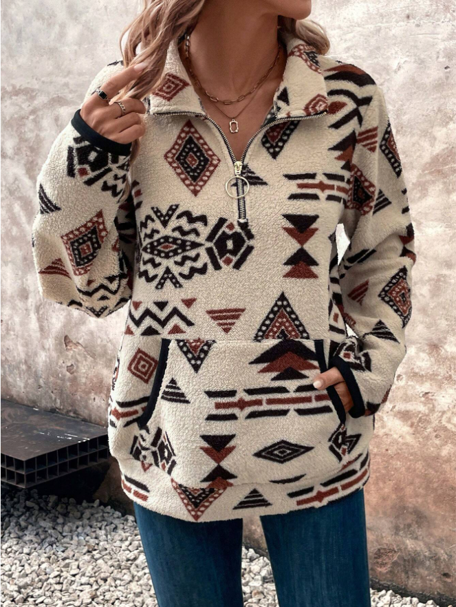 Warmteparadijs Fleece trui met halve rits, buidelzak en print