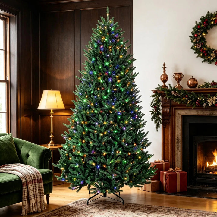 Grote volle kerstboom met lichtjes en voetpedaal