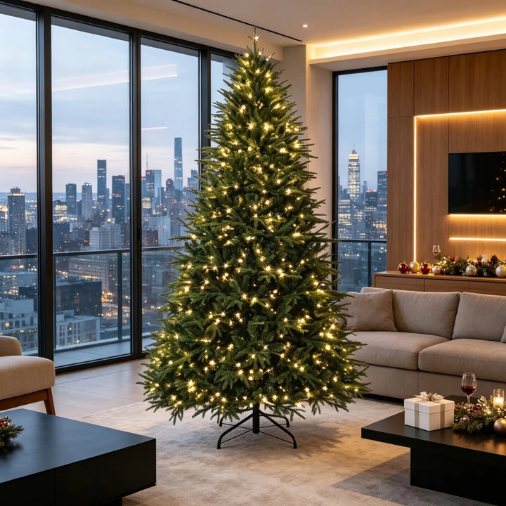 Extra volle groene kerstboom met lichtjes